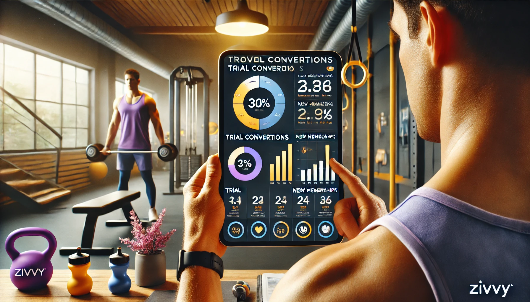 A vibrant gym owner in Zivvy colors at the front desk with a digital lead generation and member growth dashboard, showcasing engagement with a prospective member.