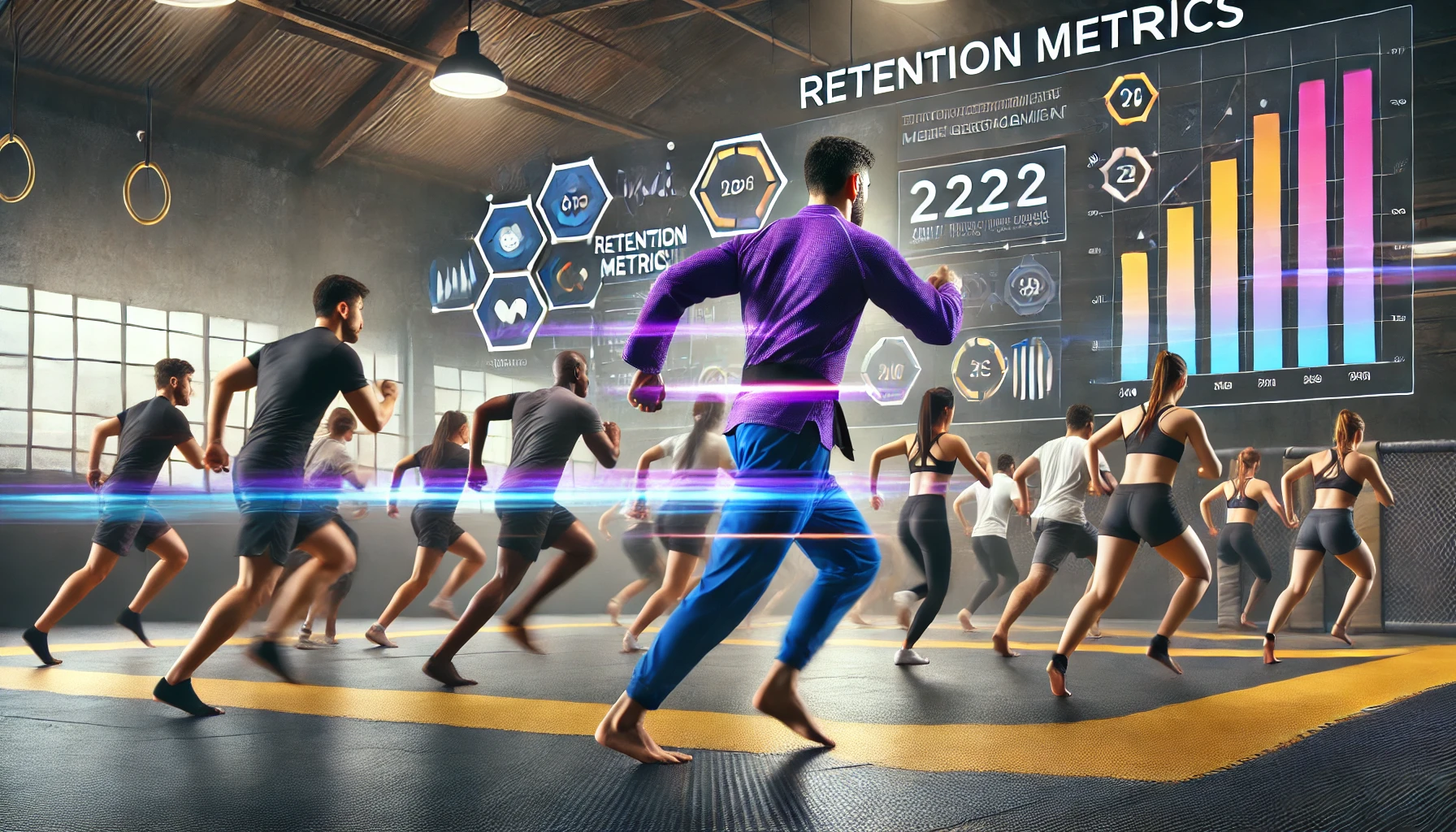 An active gym floor with a martial arts instructor leading a group, emphasizing member retention and community engagement.