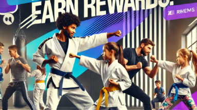 Martial arts students of various ages training together in a dojo, with bold text reading 'Bring a Friend, Earn Rewards!' highlighting a referral promotion.