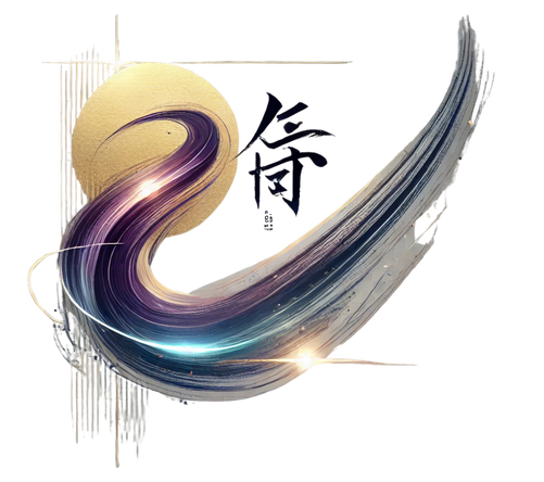 Dynamic Japanese calligraphy brushstroke with glowing purple, blue, and gold accents on a transparent background, layered with tatami-inspired textures and subtle splatters.