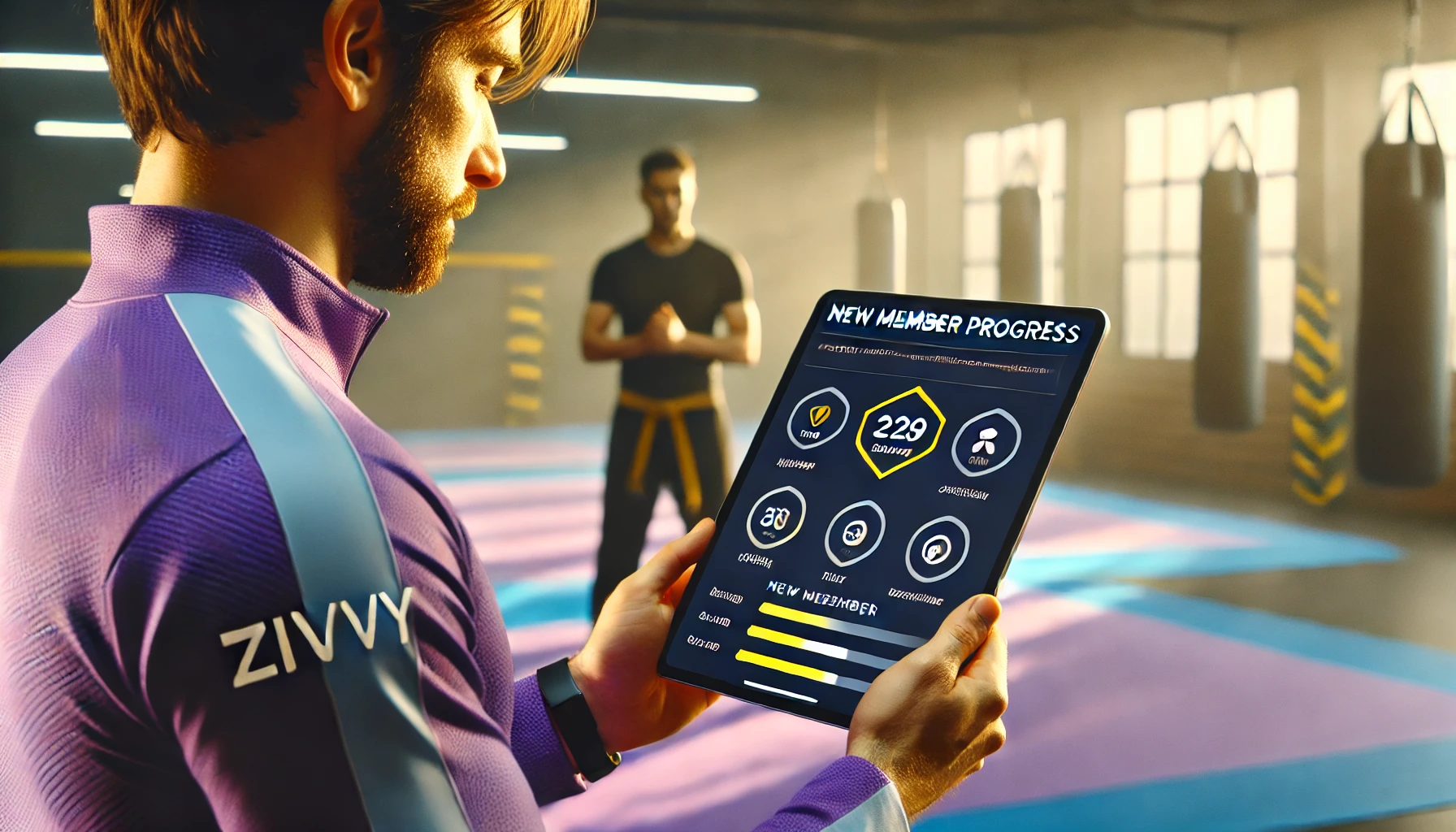 A gym or martial arts studio office scene showing a detailed digital dashboard with lead follow-up and conversion statistics, illustrating lead management and trial conversion strategies.