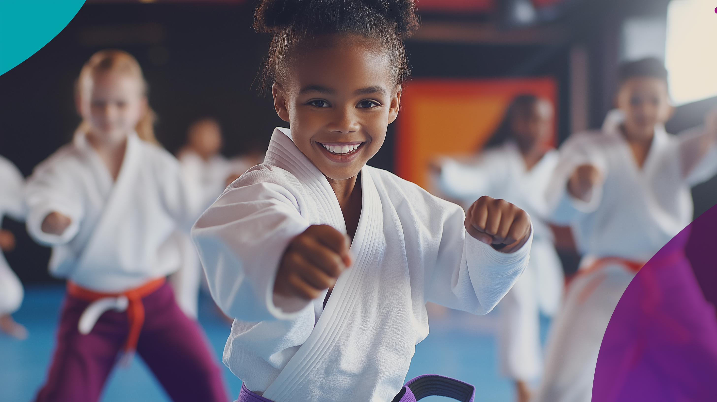 A smiling young girl in a white martial arts uniform and purple belt practicing a punch in a martial arts class with peers.