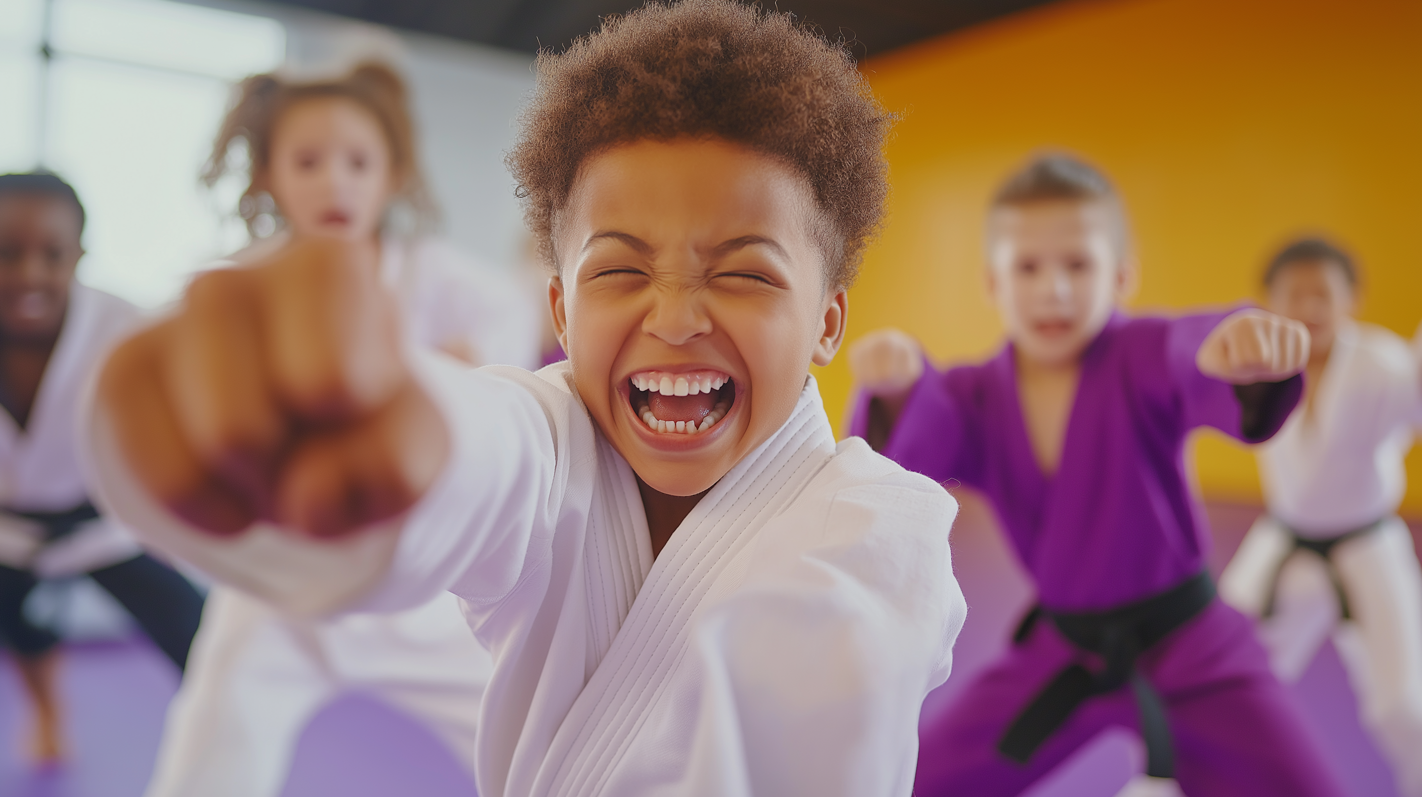 A young martial arts student in a white uniform performing a powerful punch with other children in the background.