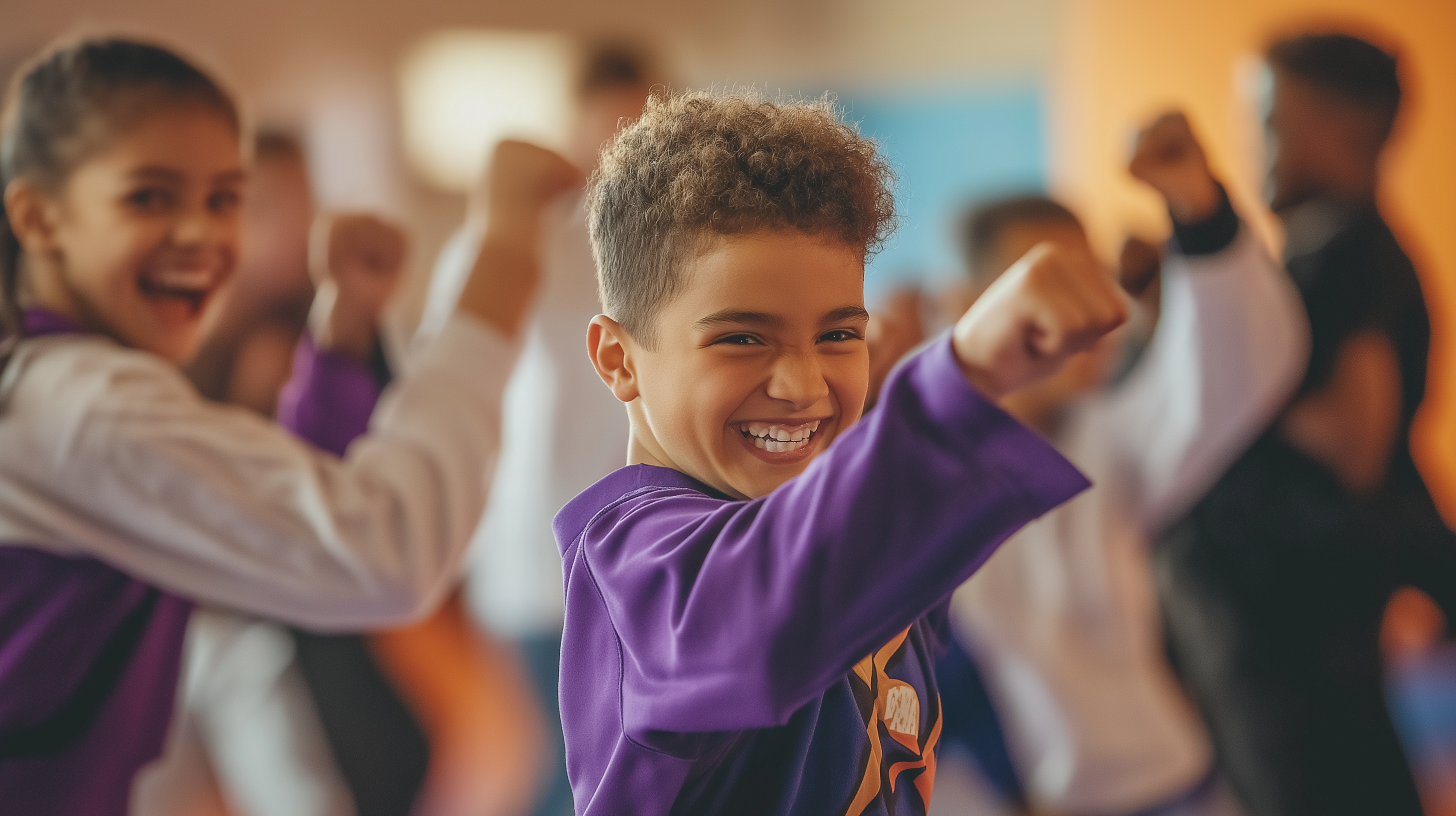 A happy young boy in a purple martial arts uniform practicing punches with a group of students in a dojo setting